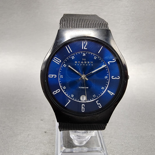 Skagen Watch Men 37mm Black Dial Titanium Black Date T233XLTMN New Batt RoundABC0