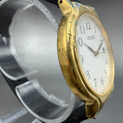 Seiko Watch Men 33mm White Dial Gold Tone Date Round V732-0220 New Battery3