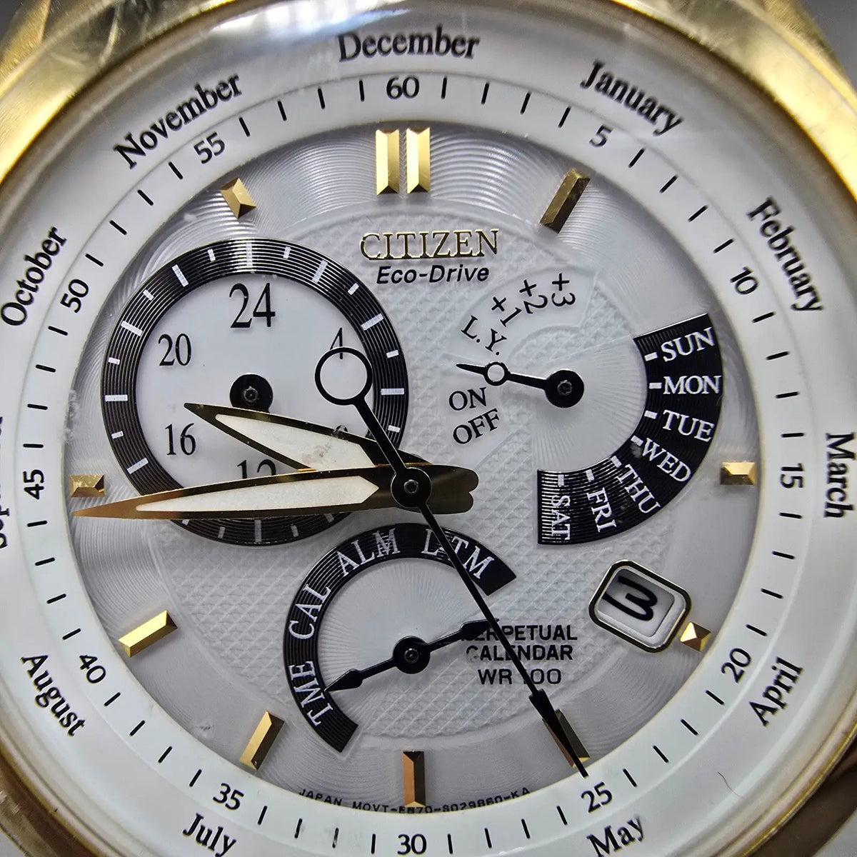 Citizen Eco-Drive Perpetual Calendar Watch Men 39mm White Dial Gold Alarm Runs1