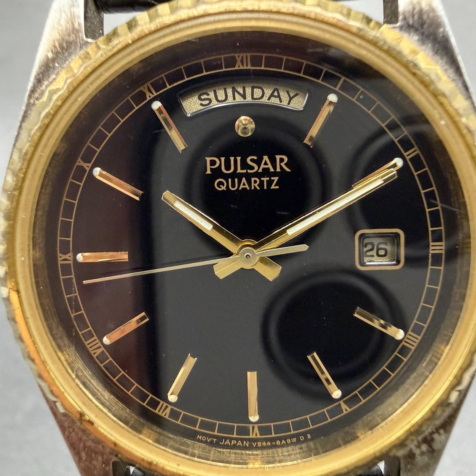 Pulsar President Watch Men 35mm Black Dial Two Tone Daydate V544-8A40 NewBattery1