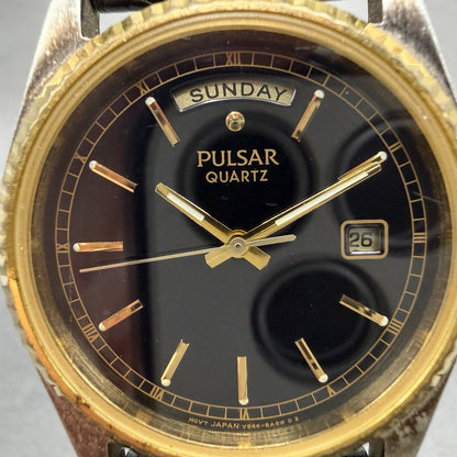 Pulsar President Watch Men 35mm Black Dial Two Tone Daydate V544-8A40 NewBattery1