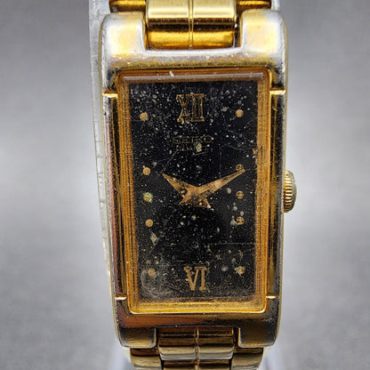 Seiko Tank Watch Women 13mm Black Dial Gold Tone 2e206590 New Battery1