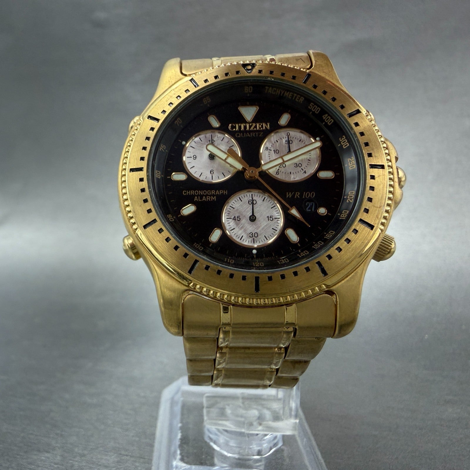 Citizen Chronograph Watch Men 39mm Black Dial Gold Tone Date Alarm new Battery5