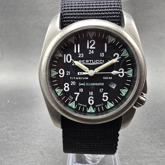 Bertucci A4-T watch Men 44mm Black Dial Titanium Date Round Nato New battery0