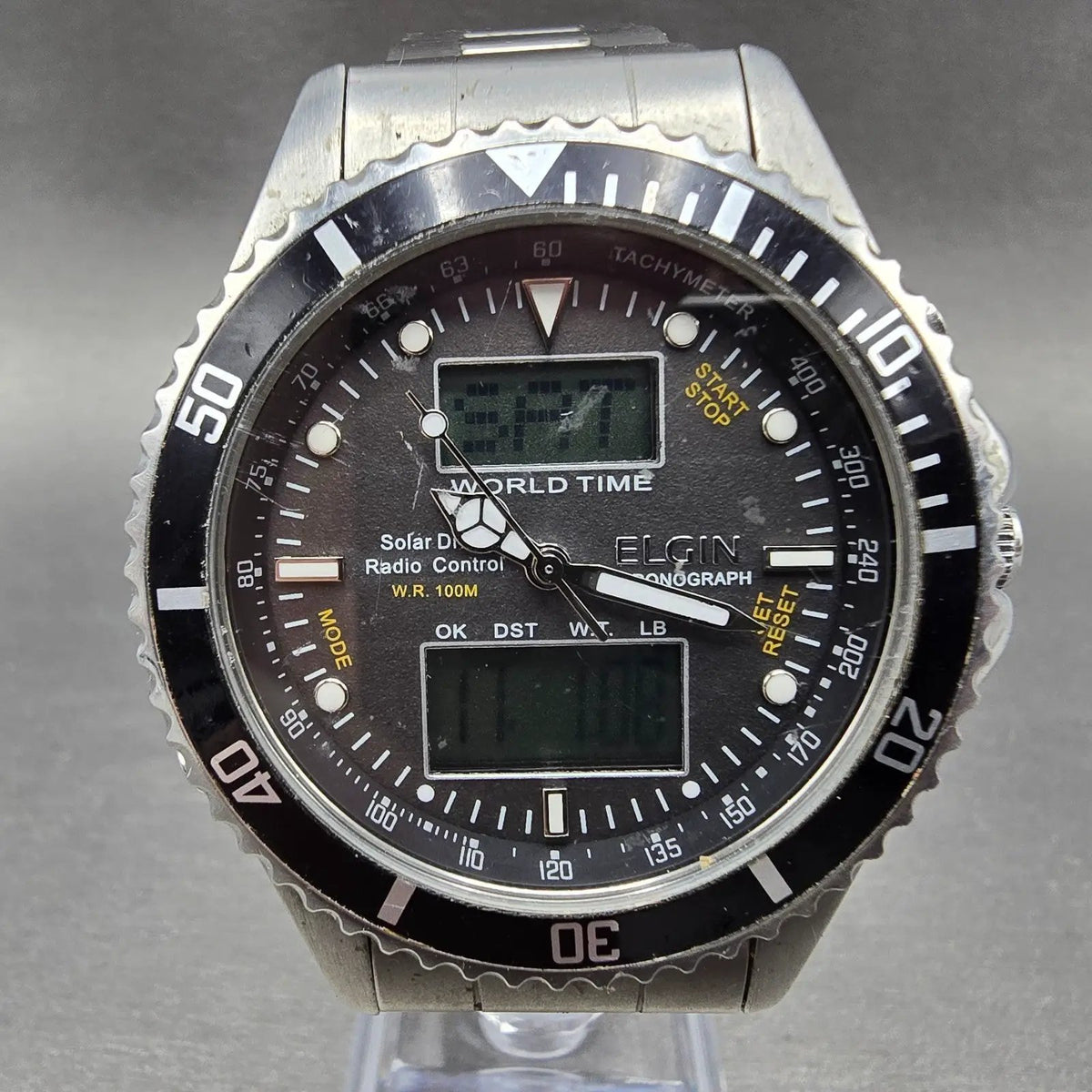 Elgin Dive Watch Men 42mm Black Dial Steel Atomic Solar Analog Digital Runs READ0