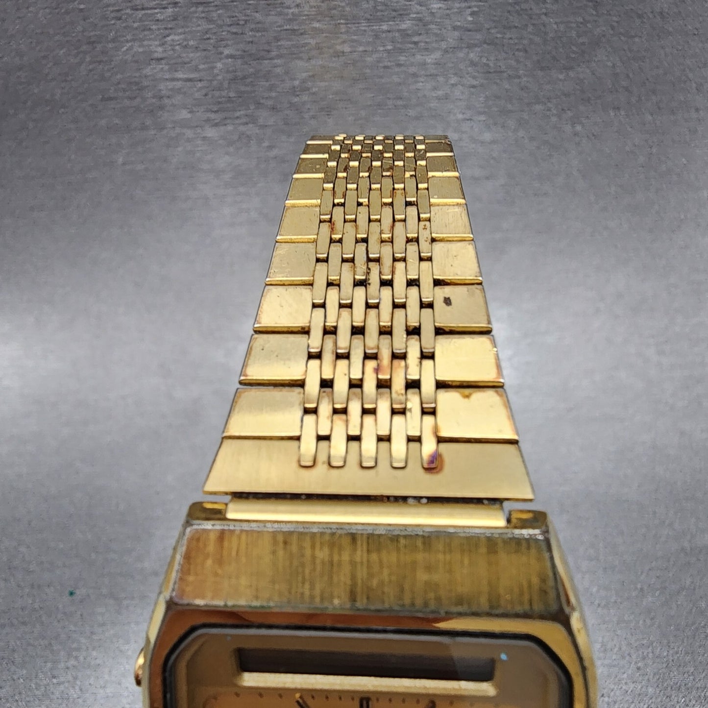Seiko Analog Digital Watch Men 31mm Gold Dial Gold Tone Rectangle New battery