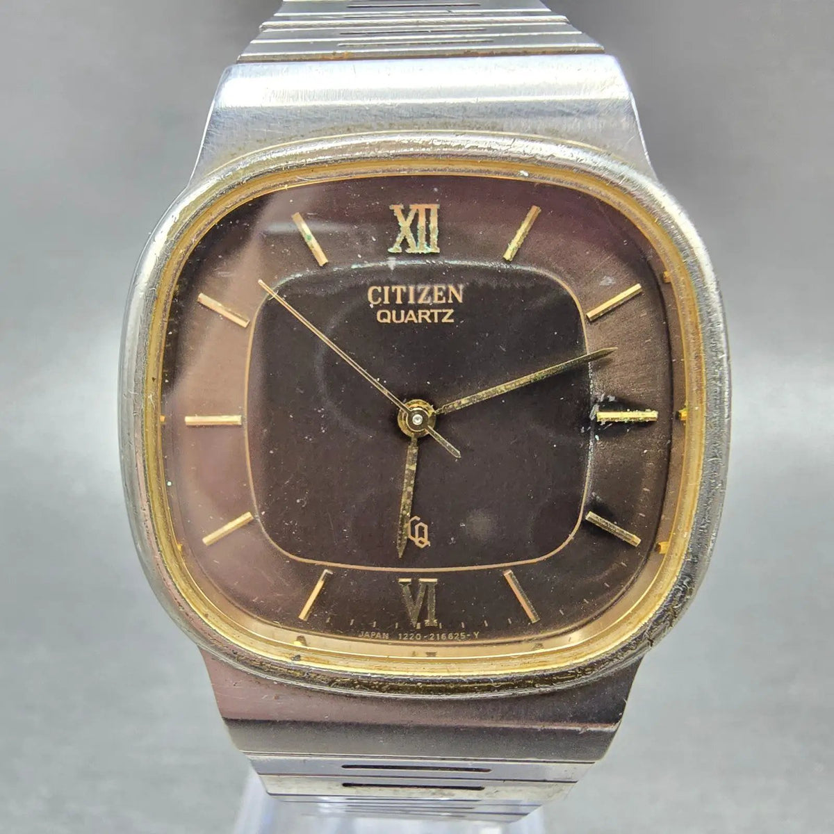 Citizen CQ Watch Men 33mm Brown Dial Two Tone Rectangle 1230-214528 Runs PARTS0