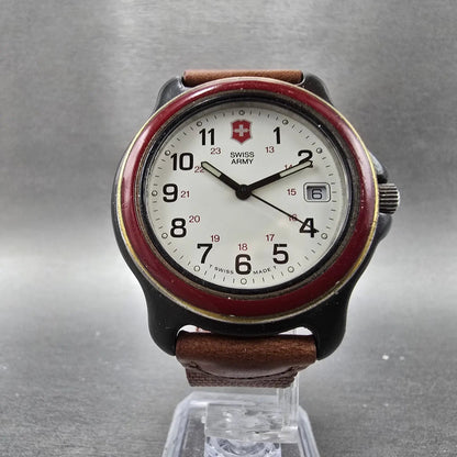 Victorinox Swiss Army Watch Men 39mm White Dial Black Red Date New Battery 75