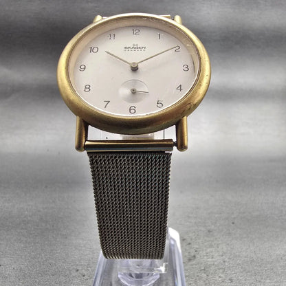 Skagen Watch Men 35mm Silver Dial Gold Tone Small Seconds Round 5LGG New Battery5