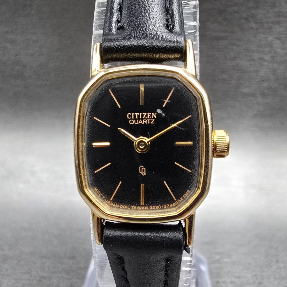 Citizen CQ Watch Women 17mm Black Dial Gold Tone Oval 3220 New Battery VTG E#0