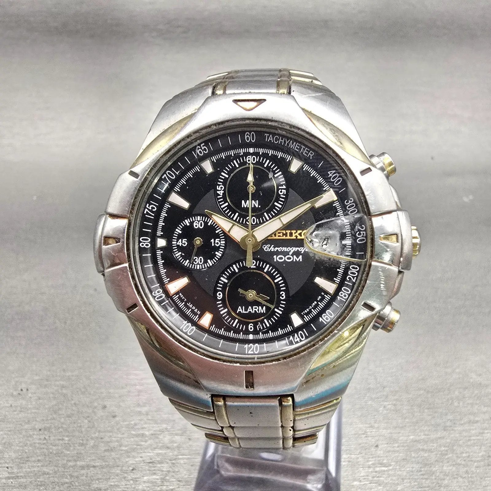 Seiko Chronograph Watch Men 43mm Black Dial Two Tone Date 7T62-0GF0 New Battery0