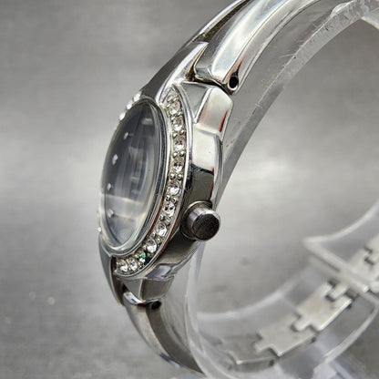 Seiko Solar Watch Women 22mm Black Dial Silver Tone Round Crystal Bezel Runs2