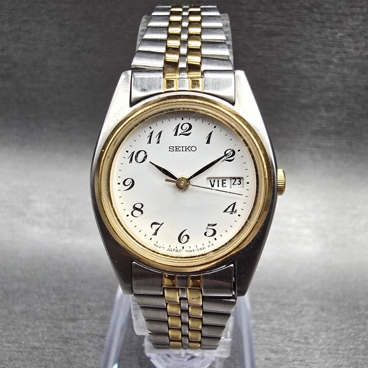 Seiko Watch Women 24mm White Dial Two Tone Daydate Round 7N83-0011 New Battery X0