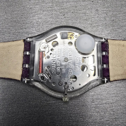 Swatch Skin FLOWER TRACK Watch Women Purple Dial Clear Case SFK278 New Battery10