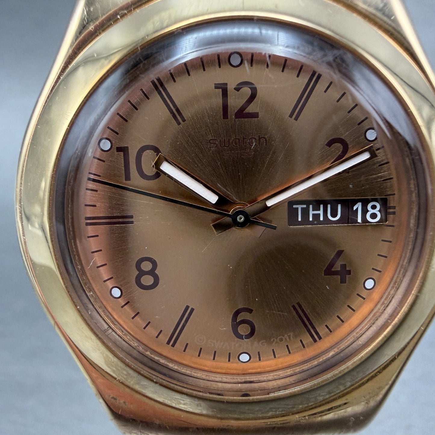 Swatch Irony Brownee Watch Women 33mm Rose Dial Rose Gold Daydate Round New Batt1