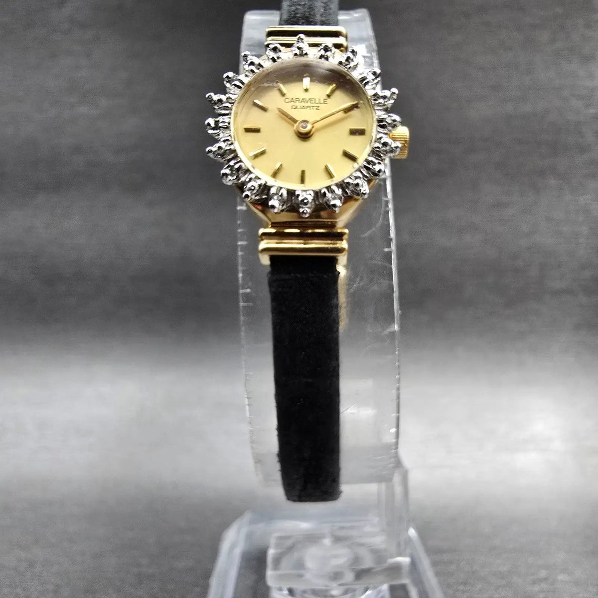 Bulova Caravelle Watch Women 17mm Gold Dial Gold Tone Gemmed Round 46K00 New Bat5