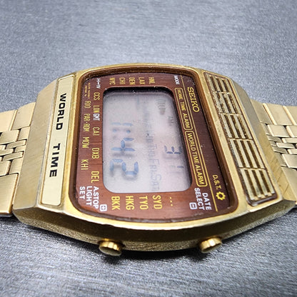 Seiko Digital World Time Watch Men 34mm Gray Dial Gold Tone A2395020 READ!!!!3
