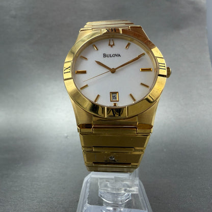 Bulova Watch Men 37mm White Dial Gold Tone Date Round 97B101 New Battery5