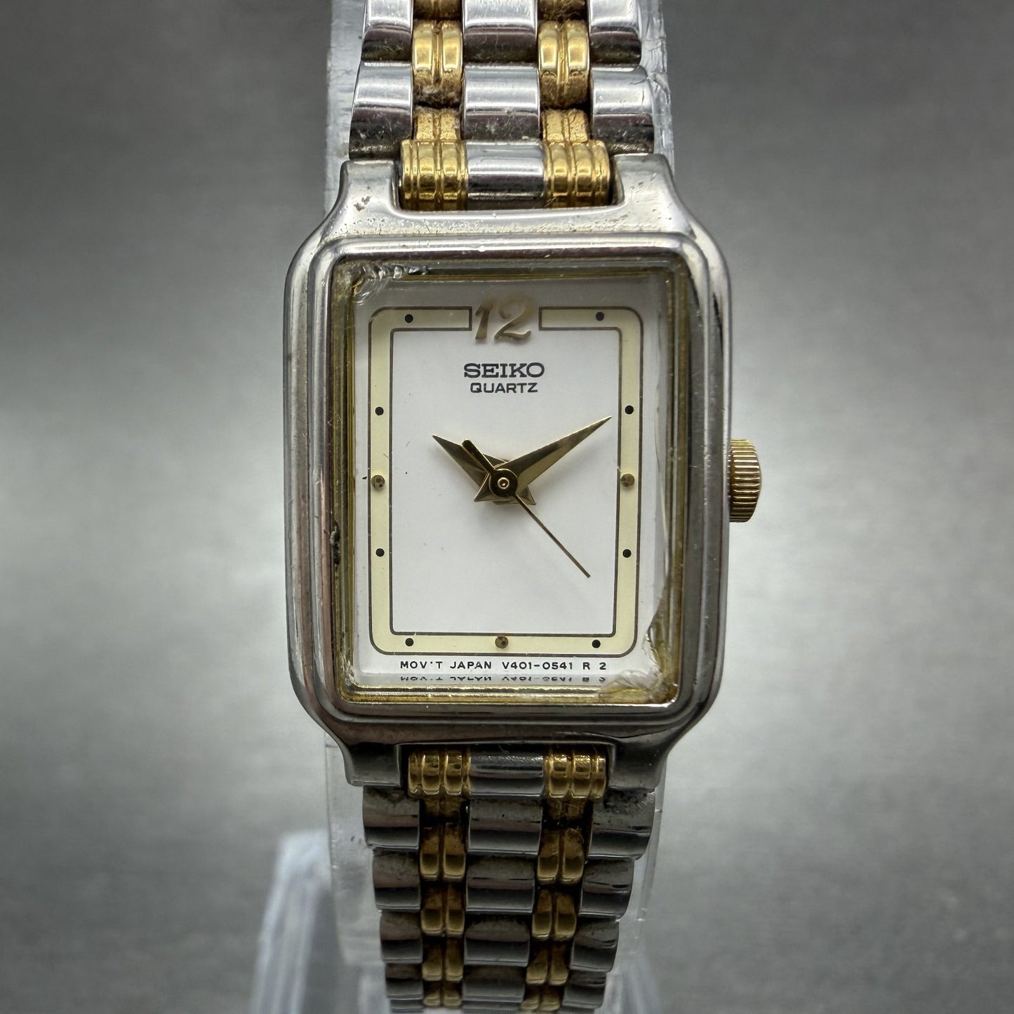 Seiko Tank Watch Women 18mm White Dial Two Tone Rectangle V401-5129 New BatteryL0