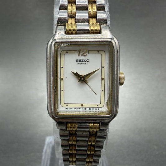 Seiko Tank Watch Women 18mm White Dial Two Tone Rectangle V401-5129 New BatteryL0
