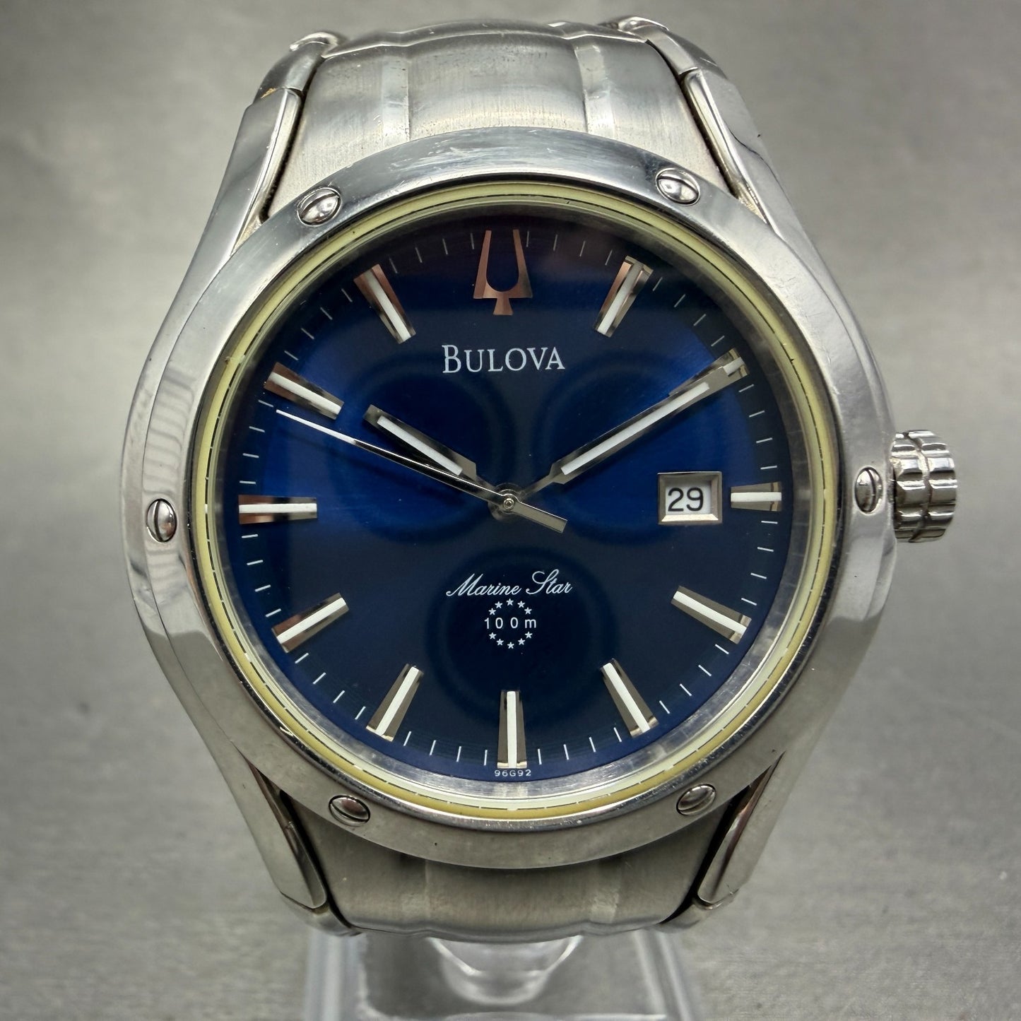 Bulova Marine Star Watch Men 40mm Blue Dial Silver Tone Date 96G92 New Battery0
