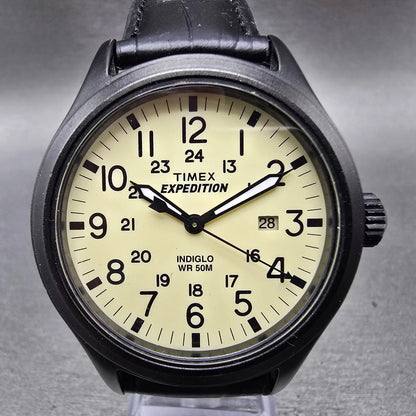 Timex Expedition Scout Watch Men 40mm Cream Dial Black Tone Date Round New BattH0