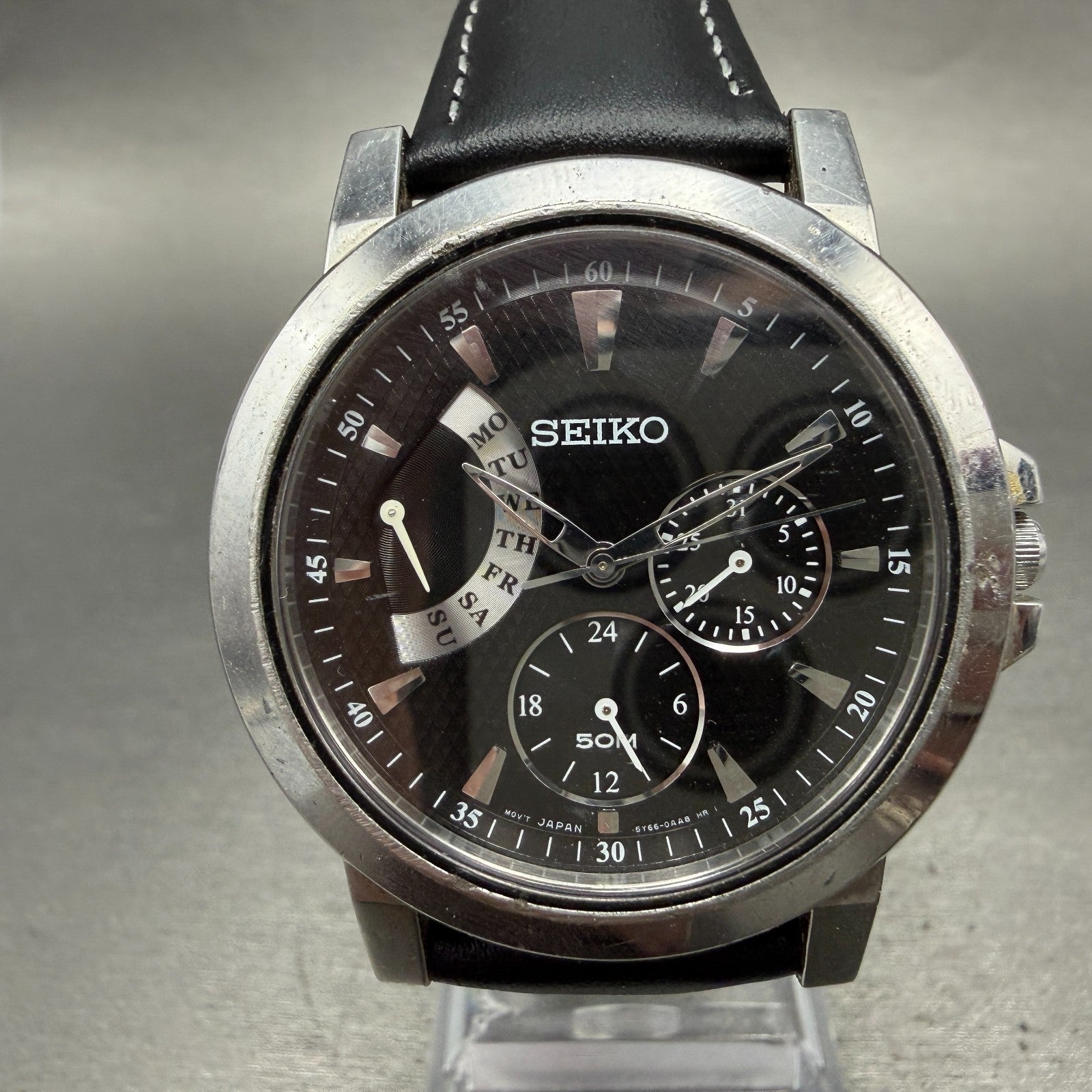 Seiko Watch Men 39mm Black Dial Silver Tone Daydate 24 Hour 5Y66-0AA0 NewBattery0
