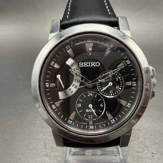 Seiko Watch Men 39mm Black Dial Silver Tone Daydate 24 Hour 5Y66-0AA0 NewBattery0