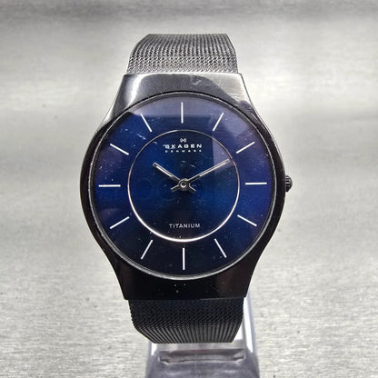 Skagen Denmark Watch Men 34mm Blue Dial Black Tone Titanium 233LTMN New BatteryG0