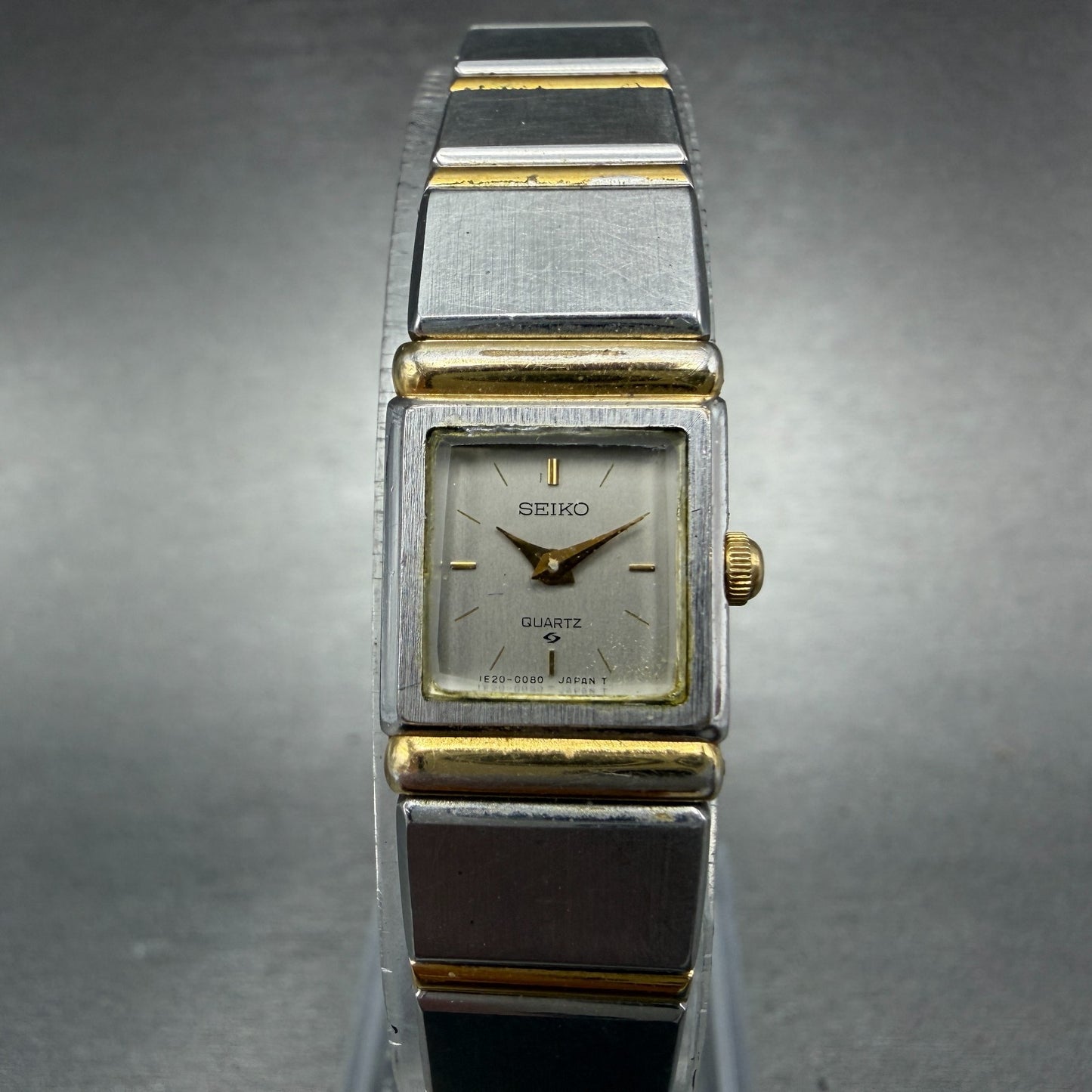 Seiko Tank Watch Women 14mm Silver Dial Two Tone Square 1E20-5030 New Battery0