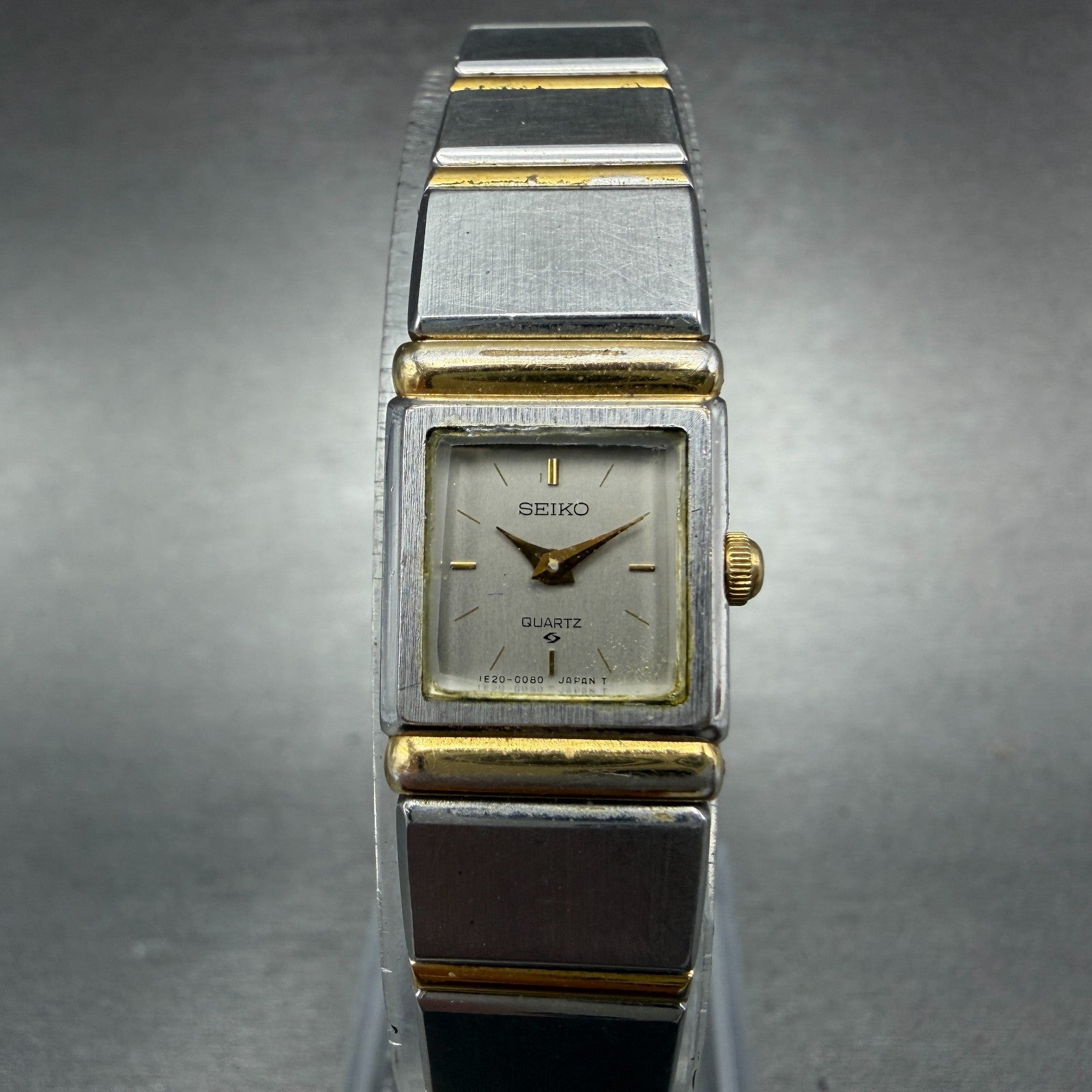 Seiko Tank Watch Women 14mm Silver Dial Two Tone Square 1E20-5030 New Battery0