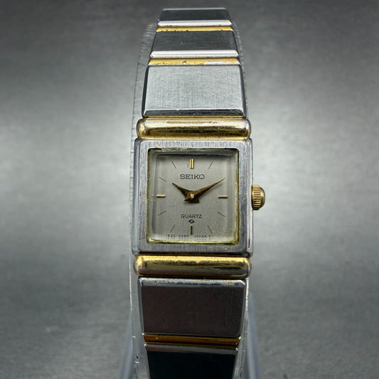 Seiko Tank Watch Women 14mm Silver Dial Two Tone Square 1E20-5030 New Battery0