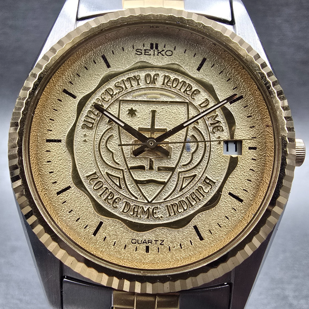 Seiko President Watch Men 35mm Gold Dial Two Tone Date Round Notre Dame New Batt1
