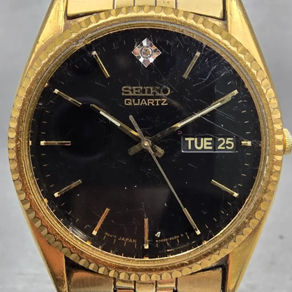 Seiko President Watch Men 36mm Black Dial Gold Tone Daydate 7N43-8111 New Batt1
