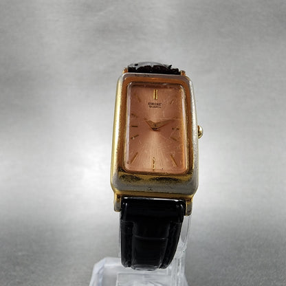 VTG Seiko Tank Watch Women 17mm Pink Dial Gold Tone Rectangle 1N00-5C99 New Batt