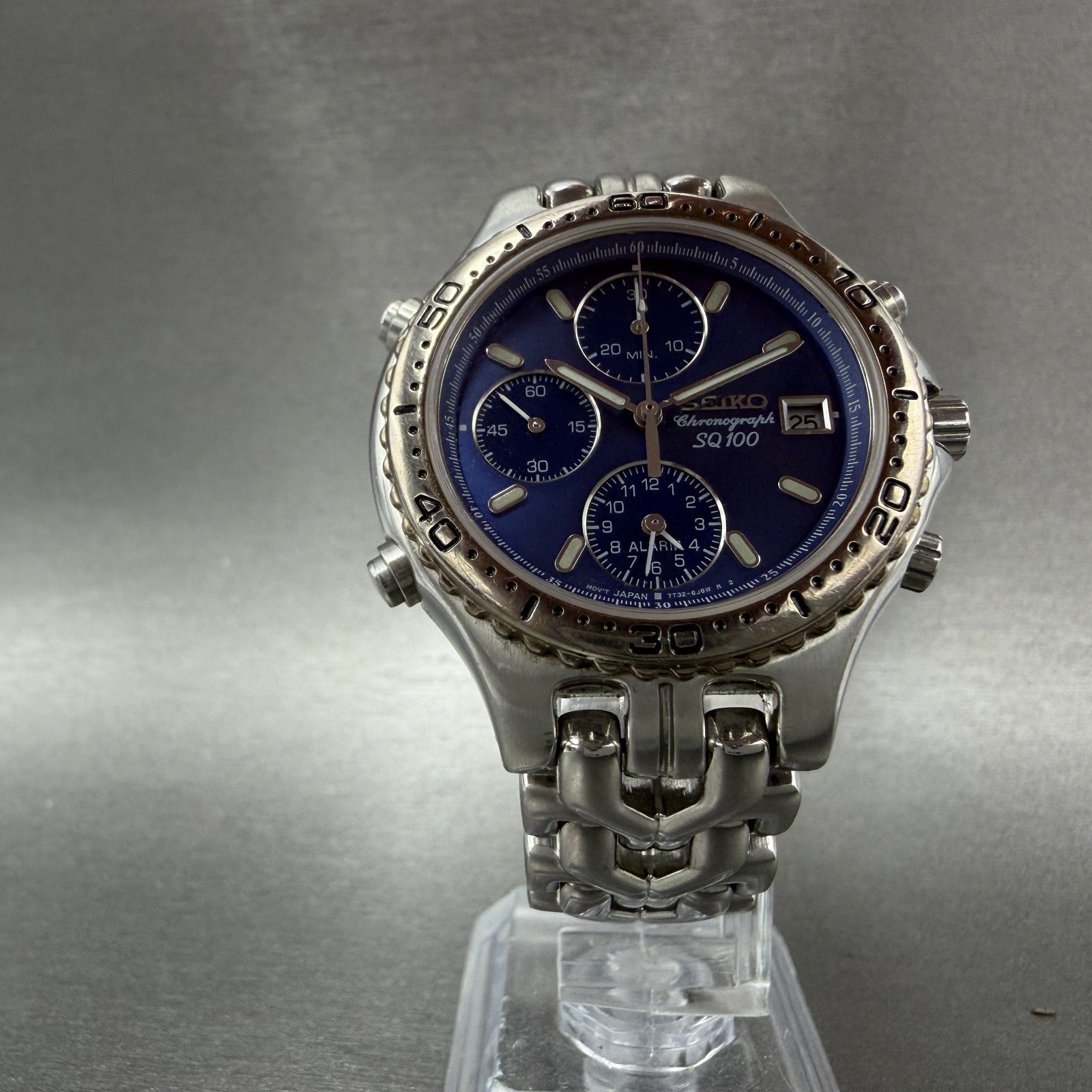 Seiko Chronograph Sports 100 Watch Men 37mm Blue Dial Silver Tone Date New Batt5
