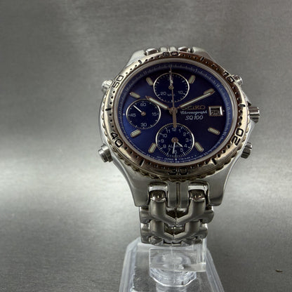 Seiko Chronograph Sports 100 Watch Men 37mm Blue Dial Silver Tone Date New Batt5