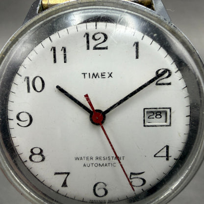 Timex Viscount Automatic Watch Men 35mm White Dial Silver Tone Date Round Runs1