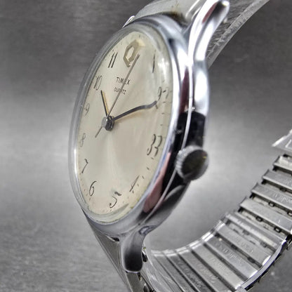 Timex Q Quartz Watch Men 34mm Champagne Dial Silver Tone Round New Battery VTG2