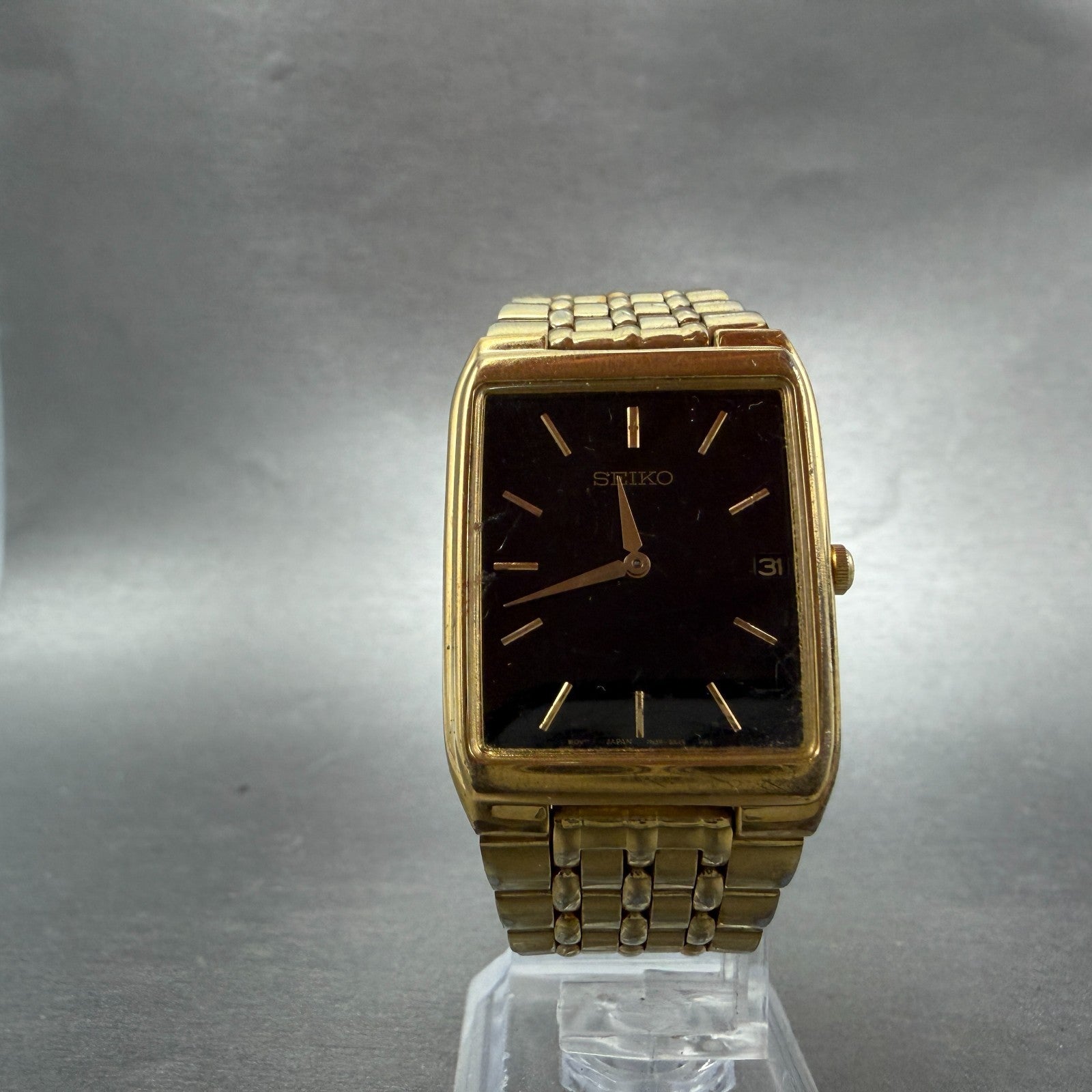 Seiko Tank Watch Men 27mm Black Dial Gold Tone Date Rectangle 7N39-5A39 PARTS6