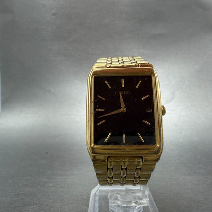 Seiko Tank Watch Men 27mm Black Dial Gold Tone Date Rectangle 7N39-5A39 PARTS6