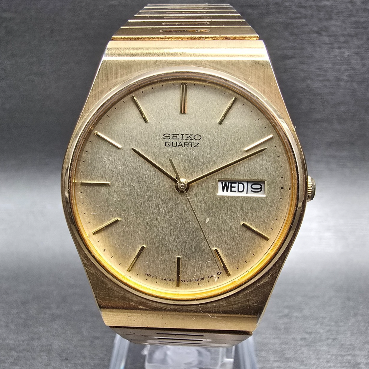 Seiko Watch Men 33mm Gold Dial Gold Daydate Round 5Y23-8119 New Battery VTG JDM0