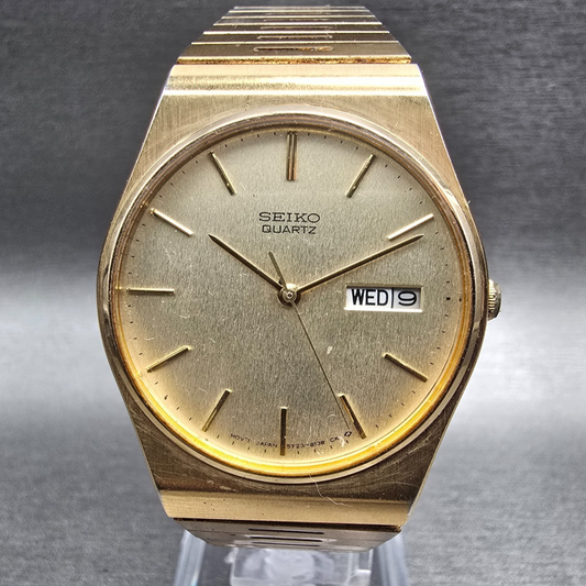 Seiko Watch Men 33mm Gold Dial Gold Daydate Round 5Y23-8119 New Battery VTG JDM0