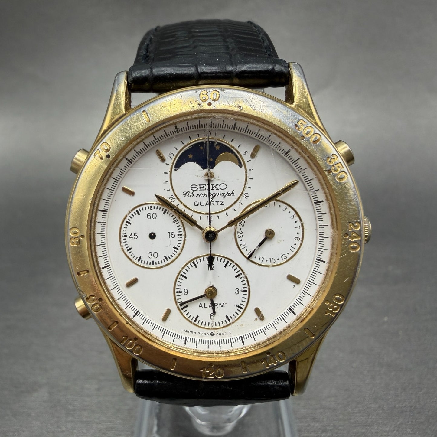 Seiko Moon Phase Chronograph Watch Men 38mm READ!! White Dial Gold Tone New Batt0