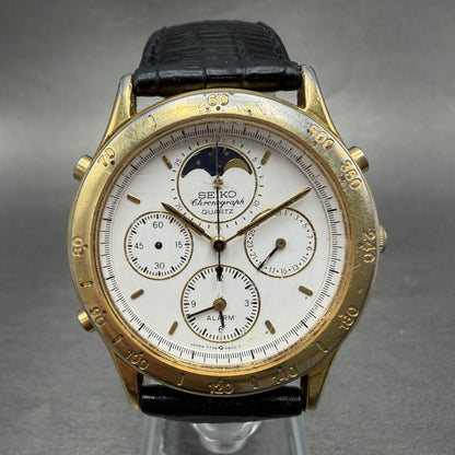 Seiko Moon Phase Chronograph Watch Men 38mm READ!! White Dial Gold Tone New Batt0