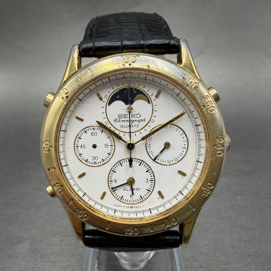 Seiko Moon Phase Chronograph Watch Men 38mm READ!! White Dial Gold Tone New Batt0