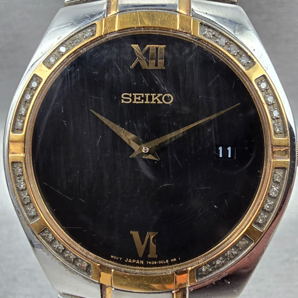 Seiko Watch Men 35mm Black Dial Two Tone Date Diamonds Round 7N39-0BR0 New Batt1