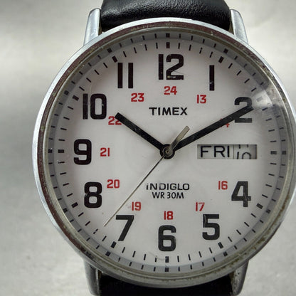 Timex Easy Reader Watch Men 35mm White Dial Silver Tone Round DaydateNew Battery1