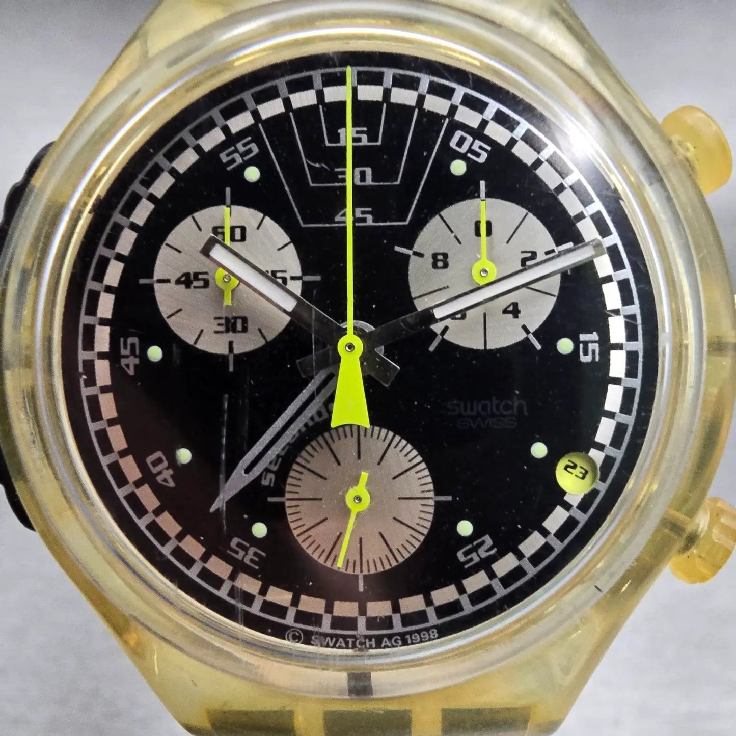 Swatch RAMONEUR Watch Men Black Dial Clear Case Chrono Alarm SOK400 New Battery1