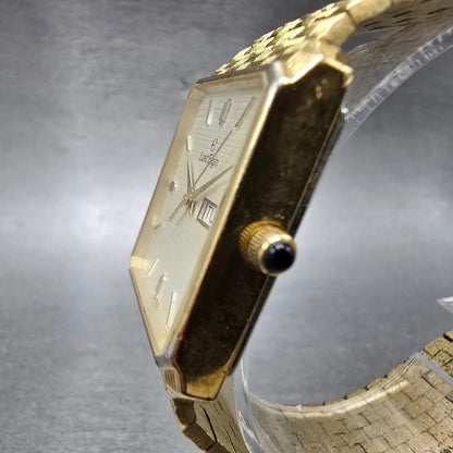 Lord Elgin Tank Watch Men 25mm Gray Dial Gold Daydate Rectangle READ!!! New Batt2